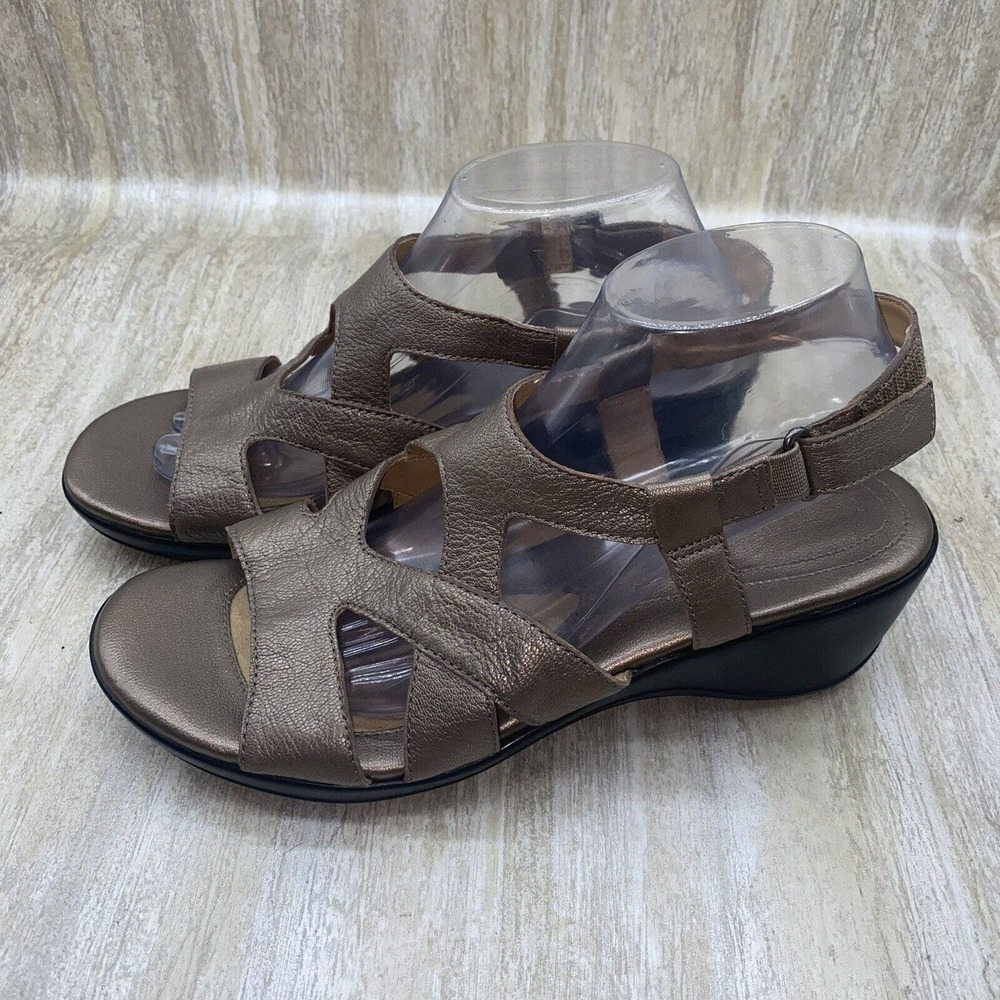 NATURALIZER‎ Tanner Bronze Metallic Leather Wedge Heel Sandals Open Toe Size 10M